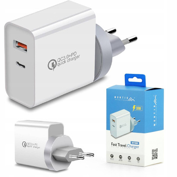 MOCNA ŁADOWARKA SIECIOWA 2xUSB USB-C QC 3.0 PD 36W