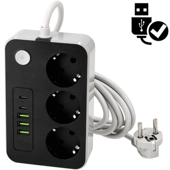 PRZEDŁUŻACZ SIECIOWY WŁĄCZNIK UZIEMIENIE  3 GNIAZDA 3 x USB 2 x USB - C 3M