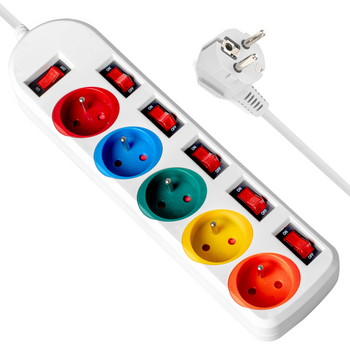 PRZEDŁUŻACZ LISTWA ZASILAJĄCA 2M 5 GNIAZD Z WYŁĄCZNIKAMI KOLOROWE GNIAZDA