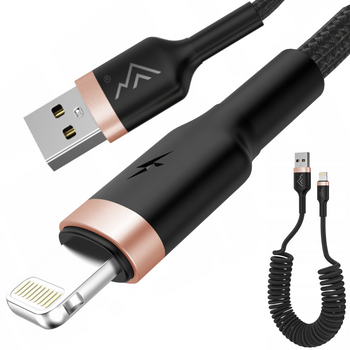 PRZEWÓD KABEL USB Typ A - USB LIGHTNING Spiralowy MOCNY KABEL 3A PD DO AUTA