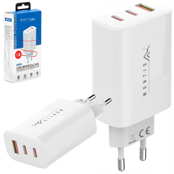 SZYBKA ŁADOWARKA SIECIOWA USB + 2X USB C MOCNA 65W GaN ZASILACZ PD QC 3.0